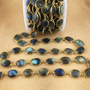 Labradorite Gold Plated Gemstone Bezel Connector Chain - Gemstone Bezel Link Chain - Chain by the Foot