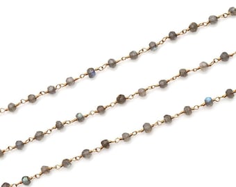 Cadena de cuentas de rosario de plata de ley chapada en oro de labradorita, cadena de cuentas chapadas en oro, cadena de rosario envuelta en alambre, suministros para hacer joyas