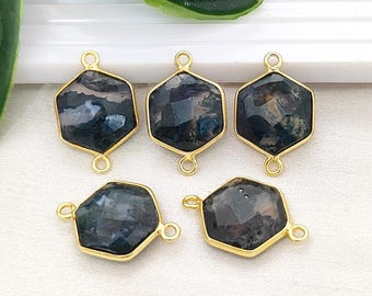 Moss Agate Hexagon Connector/Gemstone Link Charm/Gold Plated Bezel Connector/Faceted Stone Charm/DIY Jewelry Findings/Selling Individually