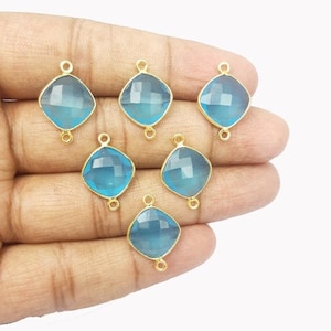 2 Pcs Light Blue Chalcedony Bezel Connectors, 12x12 mm Cushion Shape Gold Plated Bezel Connectors, Double Bail