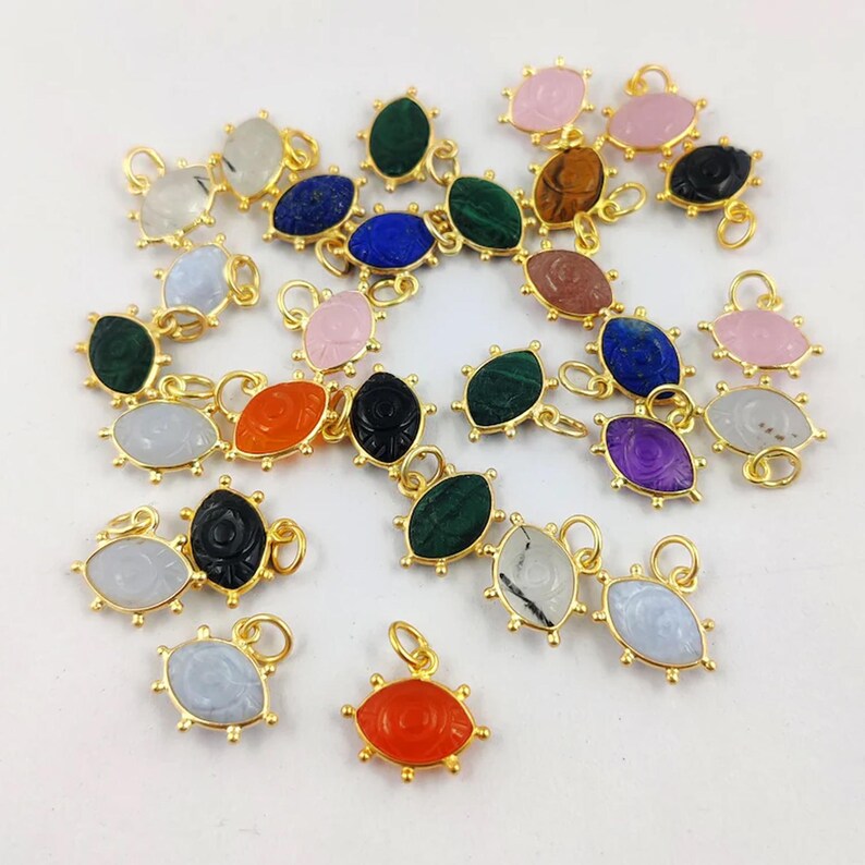 Natural Green Strawberry Quartz Evil Eye Carving Pendant Marquise Shape Fancy Bezel Gold Plated Charms For Making Jewelry/Earring, 1 Pcs
