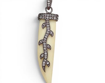 White Agate CZ Tusk Pendant, Pave CZ Fang Necklace, Black Oxidized Statement Pendants, Boho Gothic Jewelry