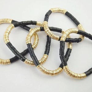 Black & Gold 6mm Heishi Beads Bracelet, Heishi Bracelet, Gold Plated Heishi Bead Bracelet, Stretchable Bracelets, Stacking Bracelet