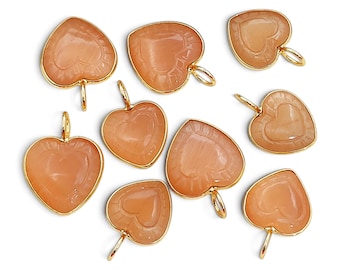 Carved Peach Moonstone Quartz Heart Pendant, Gold Bezel Gemstone Charm, Engraving Pendant, For Jewelry Making Supplies