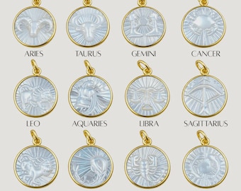 Mother Of Pearl Engraved Charm Pendant/Zodiac Sign Bezel Set Pendant/Gold Vermeil Pendant/Astrology Birthday Month Charm/ Selling Per Piece