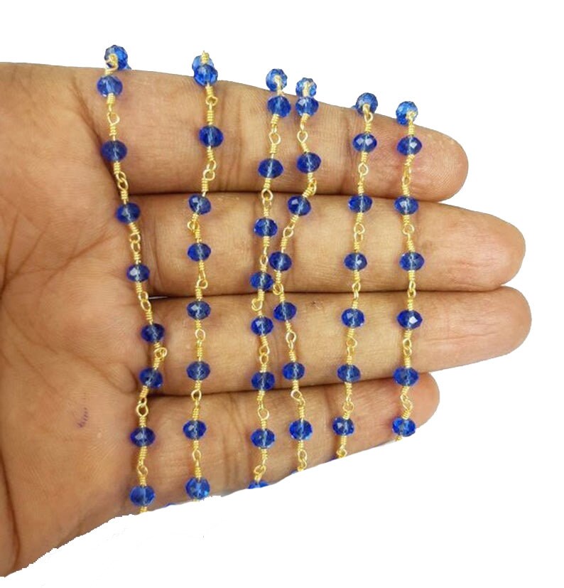 5 Feet Blue Hydro Quartz Rosary Bead Chain, Gold Plated Beads Chain, Wire Wrapped Rosary Chain, Jewelry Making Supplies image 1