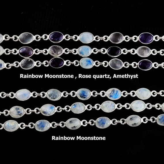 Gemstone Oval Shape 925 Sterling Silver Bezel Chain, 6x5mm Smooth Oval Gemstone Bezel Chain, Bezel Link Chain, Gemstone Silver Bezel Chain