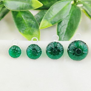 Emerald Quartz Round Shape Pendant - Flower Hand Carved Charms - Silver Plated Bezel Pendant - Design Pendant Charm -For Jewelry Accessories