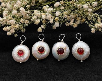 Baroque Pearl Garnet Pendant/Double Stone Pendant/Sterling Silver Pendant/Wire Wrap Pendant/Real Pearl Pendant/Gift For Her/Sell Per Piece