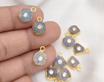 2 Pcs Tanzanite Raw Gold Electroplated Charm Pendant with CZ - December Birthstone Pendant - Raw Crystal Stone Pendant