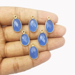 2 Pcs Blue Chalcedony Bezel Connectors, 10x15 mm Oval Shape Gold Plated Bezel Connectors, Single Bail