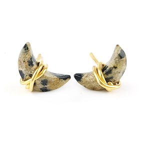Women Dalmatian Jasper Crescent Moon Stud Earrings, Half Moon Studs, Crescent Moon Wire Wrapped Stud Earring, Silver Studs, Gifts for her