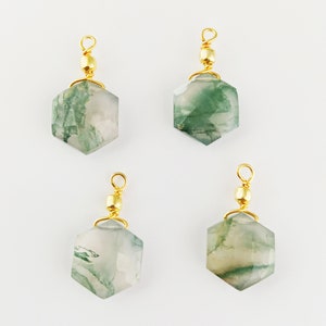 Moss Agate Hexagon Necklace Pendant, Faceted 12mm Hexagon Pendant, Gold Vermeil 925 Sterling Silver Wire Wrapped Pendant Charm, Silver Charm