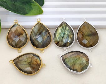 Labradorite Teardrop Connector, Faceted Labradorite Fancy Bezel Connectors, Necklace Bracelet Link, Jewelry Findings Components