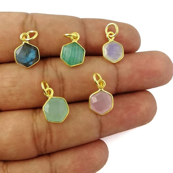Pcs Gemstone Gold Plated Sterling Silver Hexagon Shape 10mm Bezel Set  Charms Gemstone Charms