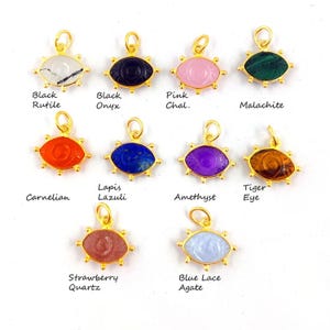 Natural Green Strawberry Quartz Evil Eye Carving Pendant Marquise Shape Fancy Bezel Gold Plated Charms For Making Jewelry/Earring, 1 Pcs