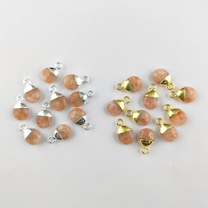 Sunstone Smooth Tumble - Electroplated Cap Charm - Gemstone Tumble Pendant - Tiny Stone Charms - Birthstone Pendant - Selling Per Pieces