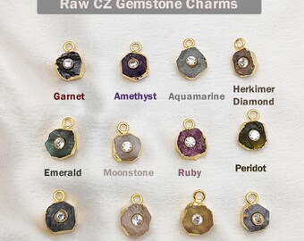 2 Pcs Raw Birthstone Gold Electroplated Charm Pendant with CZ - Birthstone Pendant - Raw Crystal Stone Pendant
