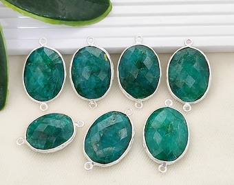 Dyed Emerald Gemstone Connector, Faceted Oval Emerald Link, Silver Bezel Double Bail Connector, DIY Jewelry Making Supply