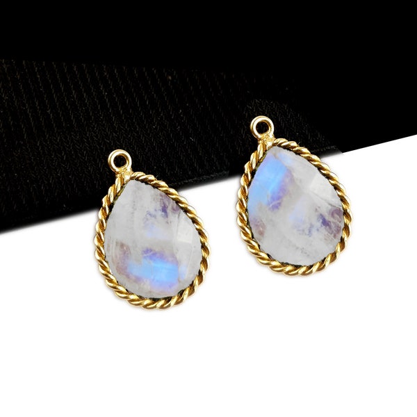 2 Pcs Rainbow Moonstone Twisted Wire Bezel Set Connectors, 12x15 mm Pear Shape 1 Micron Gold Plated Bezel Connectors, Single Bail