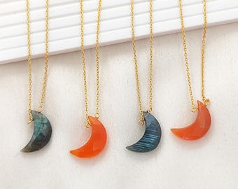 Crescent Moon Labradorite Necklace, Carnelian Moon Pendant, Gold Plated Chain Necklace, Celestial Jewelry, Anniversary Gift