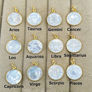 Wisiorek z grawerowanym napisem z masy perłowej/Wisiorek z ramką ze znakiem zodiaku/Wisiorek ze złotem Vermeil/Astrologiczny wisiorek z okazji urodzin/Sprzedaż na sztuki