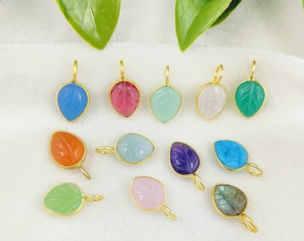 Gemstone Leaf Carving Pendant - Silver Gold Vermeil Gemstone Leaf Charms Pendant - Gemstone Carved Leaf Pendant - For Jewelry Accessories