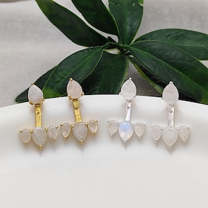 Brincos de orelha de prata esterlina com pedra da lua arco-íris e vermeil dourado - Brincos com pedras preciosas - Brincos pendentes - Joias com pedras do mês de junho