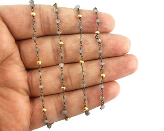Labradorita de 2 pies con cadena de cuentas de rosario de pirita de oro, cadena de cuentas chapadas oxidadas, cadena de rosario envuelta en alambre