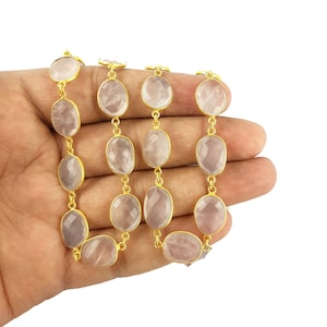 Rose Quartz Gold Plated Gemstone Bezel Connector Chain -Chain by the Foot