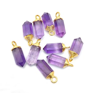 Amethyst Spike Pendant, Amethyst Gold Plated Pendants, Wire Wrapped Point Charms, 12x5mm Hexagonal Spike Pendant Amethyst Crystal Pendants