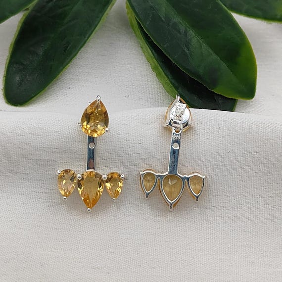 Citrine Ear Jacket Earrings/november Birthstone Jewelry  925 Sterling Silver Diamond & Citrine Nov. Birthstone Earring Jacket 11 x 11 mm main image 1