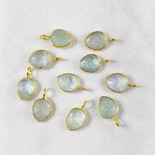 Aquamarine Pendant - Aquamarine Carved Leaf Pendant - Gemstone Leaf Charms - Gold Plated Sterling Silver Pendant - Gemstone Charms