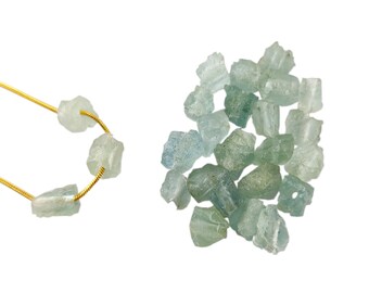 2 pezzi di perline di acquamarina grezza, 8-10 mm, perline forate al centro, foro 2 mm, pietre portafortuna di marzo