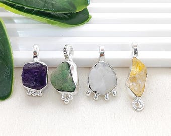 Raw Gemstone Pendant, Silver Plated Collet Set Charm, Rough Crystal Birthstone Pendants, Jewelry Making Supply