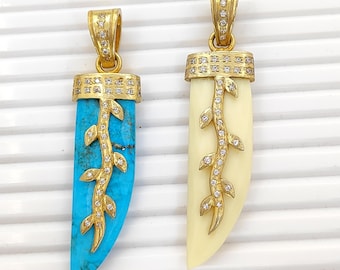 Turquoise Tooth Pendant, White Agate Tusk Charm, Gold Pave CZ Necklace Pendant, Boho Gemstone Jewelry Making