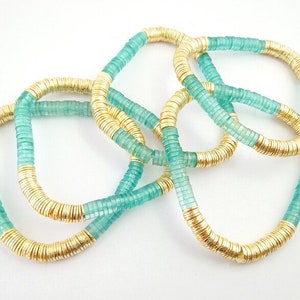 Aqua & Gold 6mm Heishi Beads Bracelet, Heishi Bracelet, Gold Plated Heishi Bead Bracelet, Stretchable Bracelets, Stacking Bracelet
