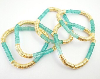 Aqua & Gold 6mm Heishi Beads Bracelet, Heishi Bracelet, Gold Plated Heishi Bead Bracelet, Stretchable Bracelets, Stacking Bracelet
