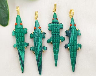 Hand Carved Malachite Crocodile Pendant, Gold Plated Prong Animal Charm, Green Gemstone Alligator Pendant, Statement Jewelry