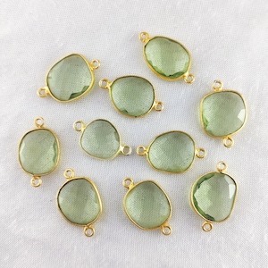 Green Amethyst Quartz Gold Plated Free Form 14mm -16mm Bezel Set Connectors - Quartz Bezel Charms - Gemstone Connectors for Bracelet
