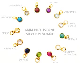 Birthstone Round Pendant Charm | 6MM Round Briolette 18K Gold Vermeil 925 Sterling Silver Bezel Charms, Birthstone Tiny Round Bezel Pendants