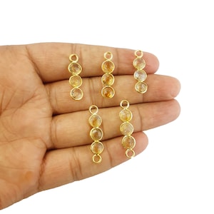 Citrine Round Shape Triple Stone Gold Plated Bezel Set Pendant & Connector - November Birthstone Charms - Connector Charms