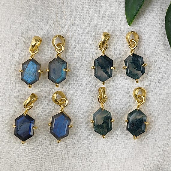 Blue Fire Labradorite Pendant, Moss Agate Pendant, Prong Set Hexagon Pendant, 925 Sterling Silver Pendant,  Gold Plated Pendant