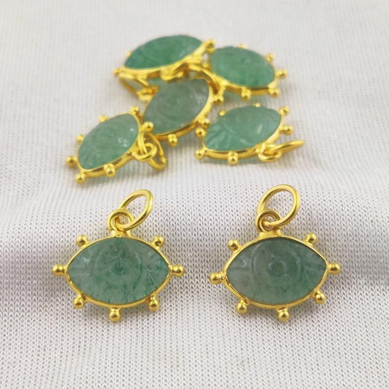 Natural Green Strawberry Quartz Evil Eye Carving Pendant Marquise Shape Fancy Bezel Gold Plated Charms For Making Jewelry/Earring, 1 Pcs