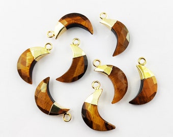 Tiger Eye Electroplated Crescent Moon Pendant - Crescent Pendants - Gemstone Moon Pendants - Carved Crescent Charms - Half Moon Pendant