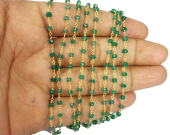 Chaîne de perles de 5 pieds d'onyx vert, chaîne de chapelet plaqué or, chaîne de chapelet enroulée de fil, fournitures pour fabrication de bijoux