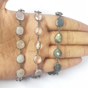 Rainbow Moonstone/Clear Quartz/Labradorite Oxidized Plated Gemstone Bezel Connector Chain Gemstone Bezel Connector Chains Chain by the Foot