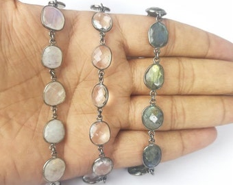 Rainbow Moonstone/Clear Quartz/Labradorite Oxidized Plated Gemstone Bezel Connector Chain Gemstone Bezel Connector Chains Chain by the Foot