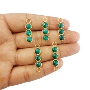 Emerald Round Shape Triple Stone Gold Plated Bezel Set Pendant & Connector - May Birthstone Charms - Connector Charms - Three Stone Charms