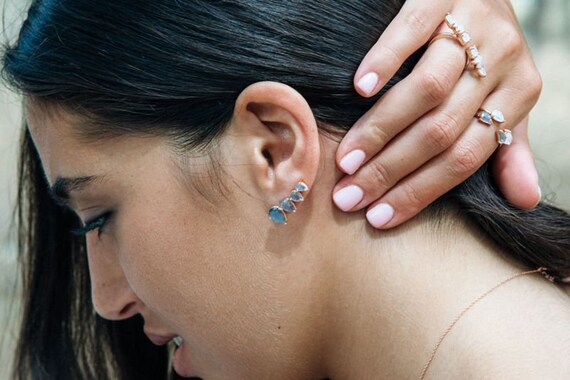 Ear Climber Earrings Aqua Blue Chalcedony Gold-plated Sterling Silver Ear Climber Earrings Aqua Blue Chalcedony Gold-plated Sterling Silver